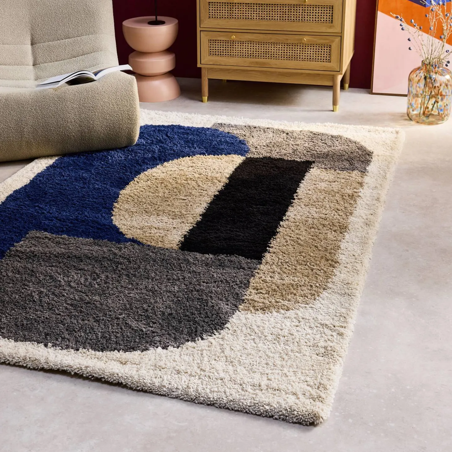 Indoor Teppich Shaggy, geometrisches Muster, mehrfarbig