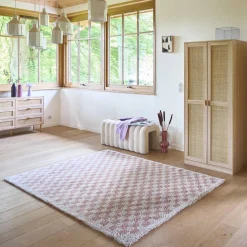 Indoor Teppich Shaggy Schachbrettmuster altrosa und cremefarben