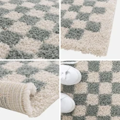 Indoor Teppich Shaggy Schachbrettmuster hellblau und cremefarben