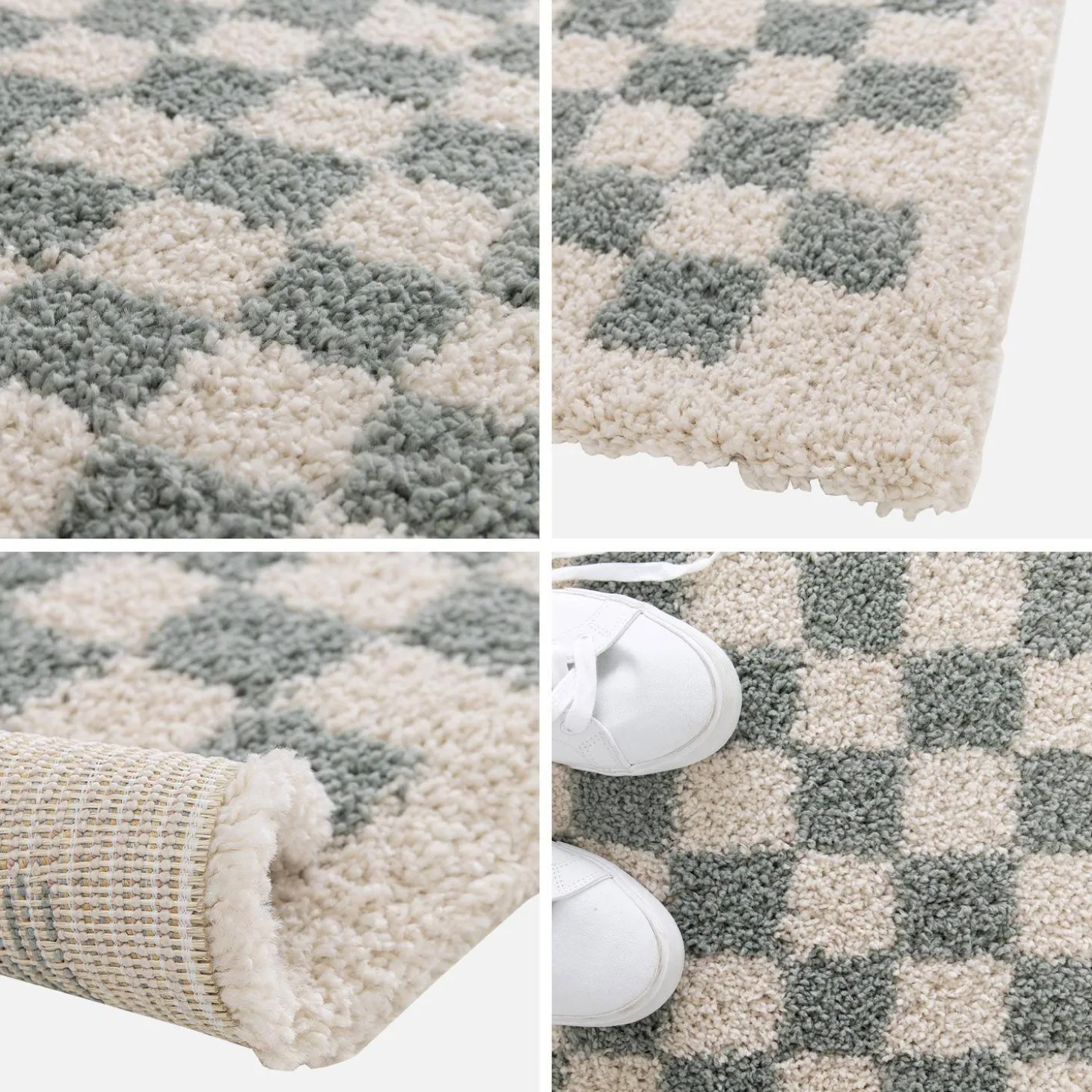 Indoor Teppich Shaggy Schachbrettmuster hellblau und cremefarben