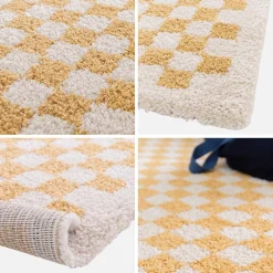 Indoor Teppich Shaggy Schachbrettmuster senfgelb und cremefarben