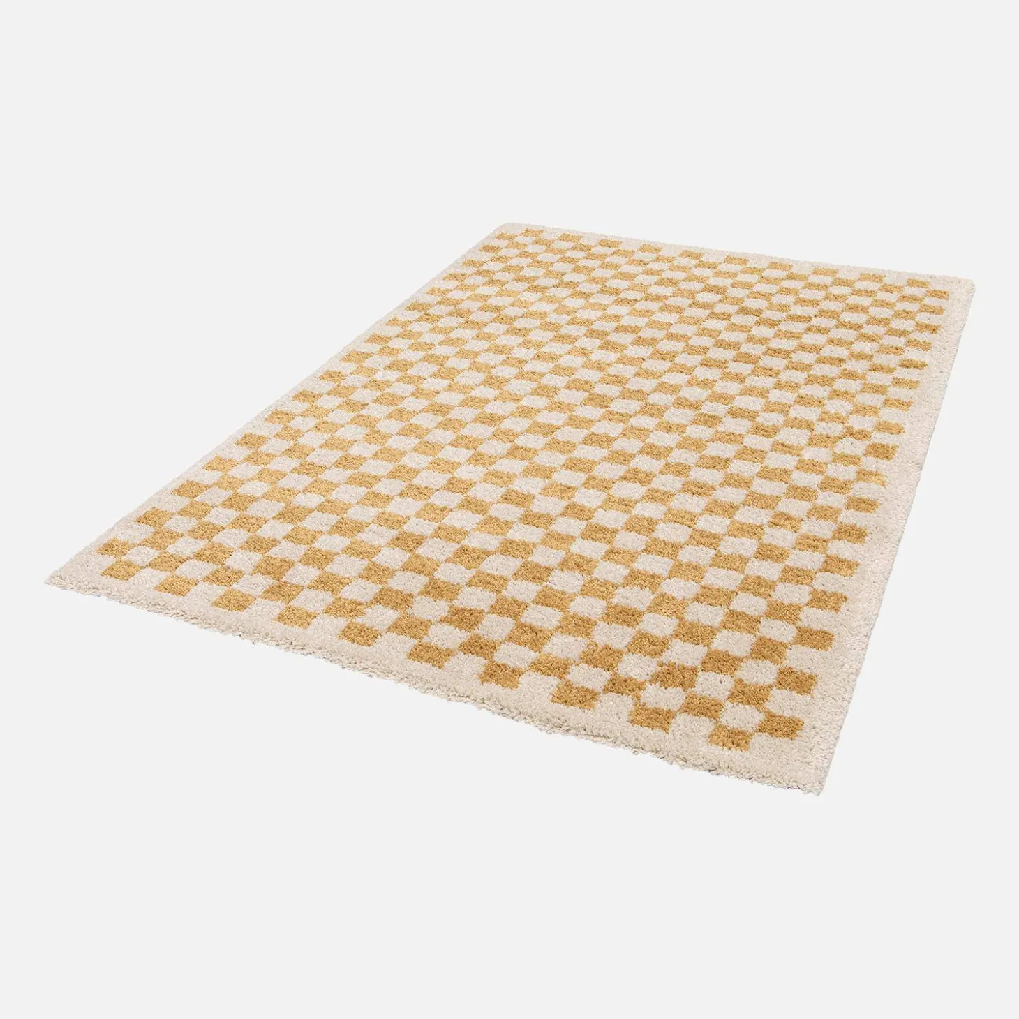 Indoor Teppich Shaggy Schachbrettmuster senfgelb und cremefarben