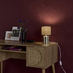 Indoor-Tischlampe Keramik Lampenschirm mit Rattanoptik H 28 cm