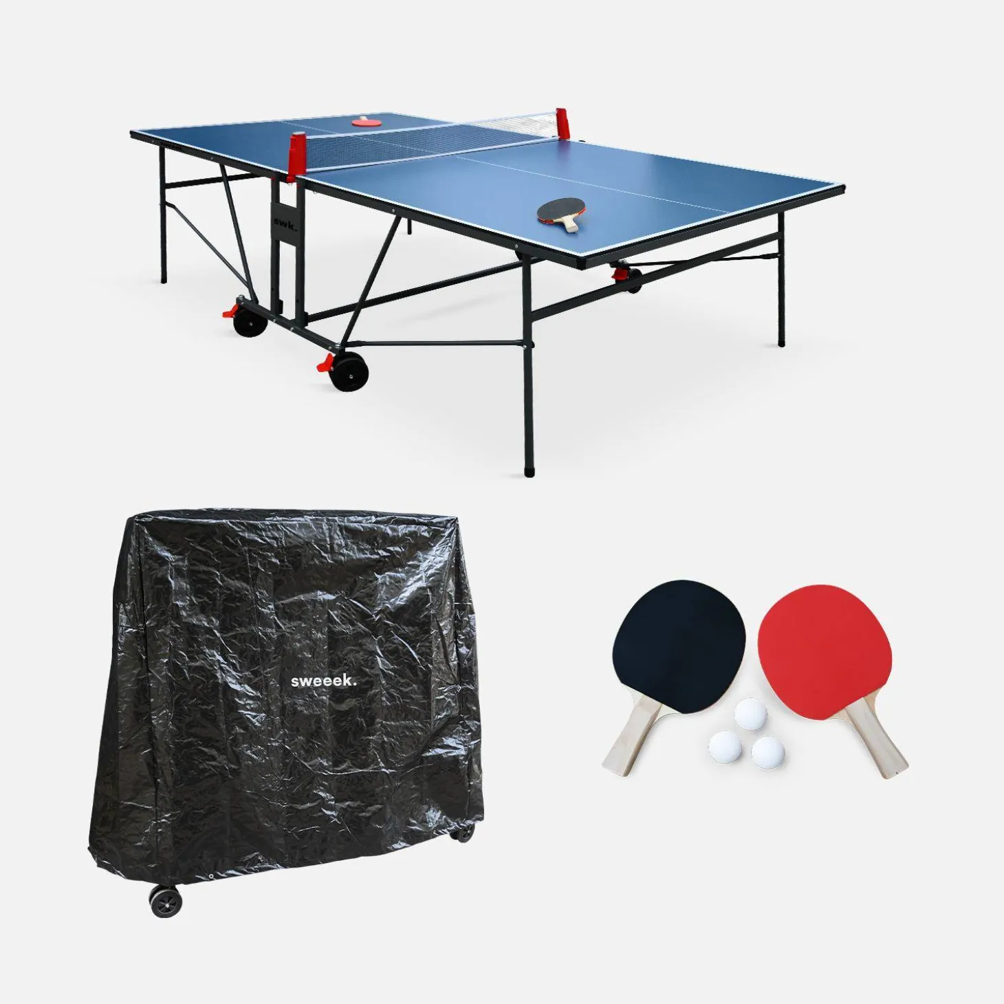 Indoor-Tischtennisplatte mit 2 Schlägern, 3 Bällen + Schutzhülle