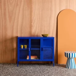 Industrielles Sideboard aus Metall und gehärtetem Glas mit 3 Türen, 100 cm