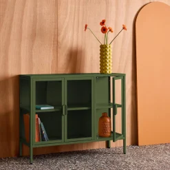 Industrielles Sideboard aus Metall und gehärtetem Glas mit 3 Türen, 100 cm