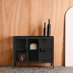 Industrielles Sideboard aus Metall und gehärtetem Glas mit 3 Türen, 100 cm