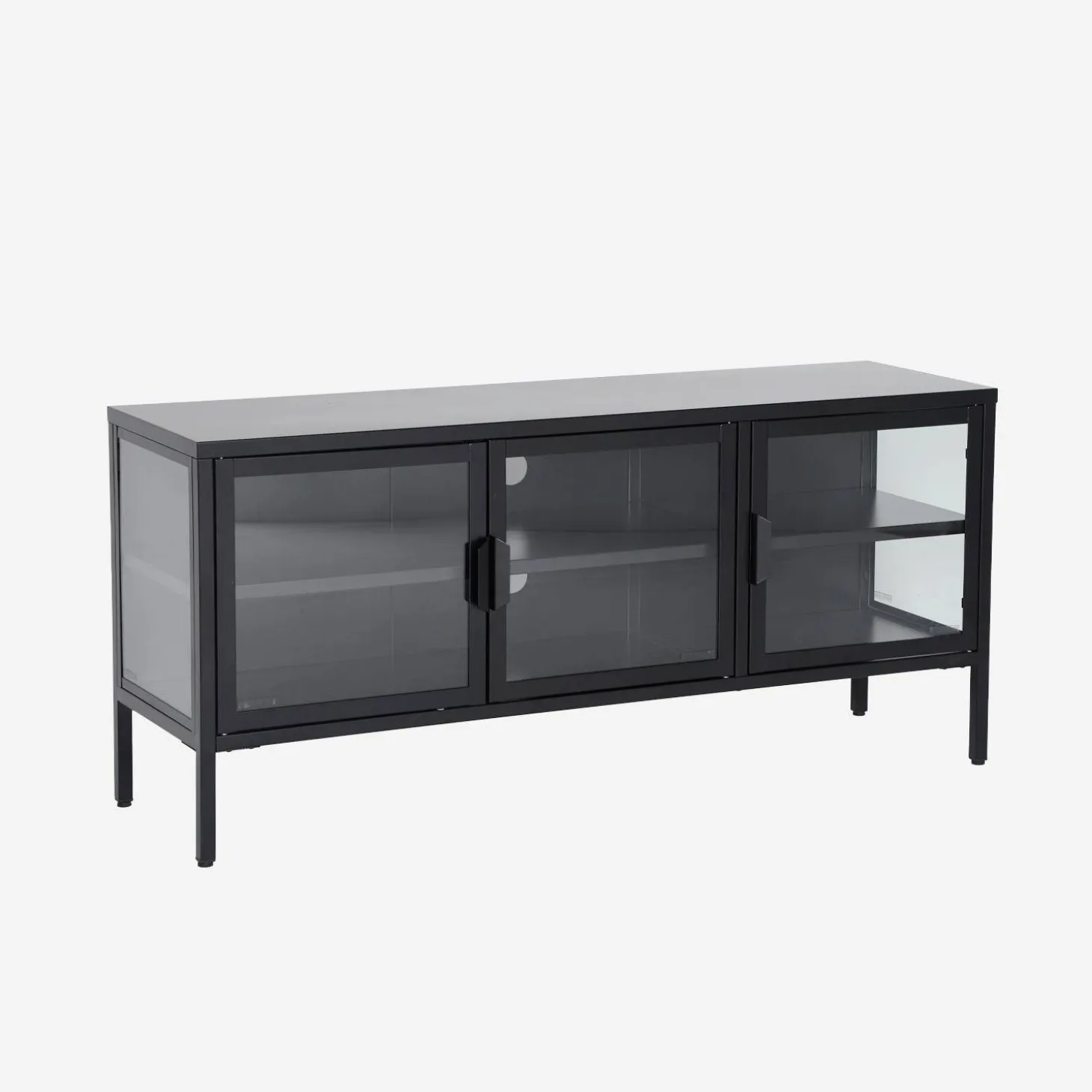 Industrielles TV-Möbel aus Metall und gehärtetem Glas mit 3 Türen, 120 cm