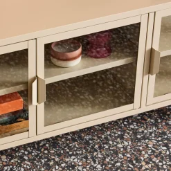 Industrielles TV-Möbel aus Metall und gehärtetem Glas mit 3 Türen, 120 cm