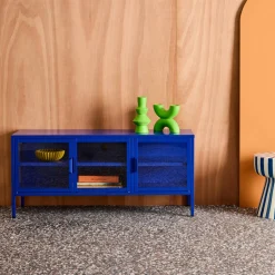 Industrielles TV-Möbel aus Metall und gehärtetem Glas mit 3 Türen, 120 cm