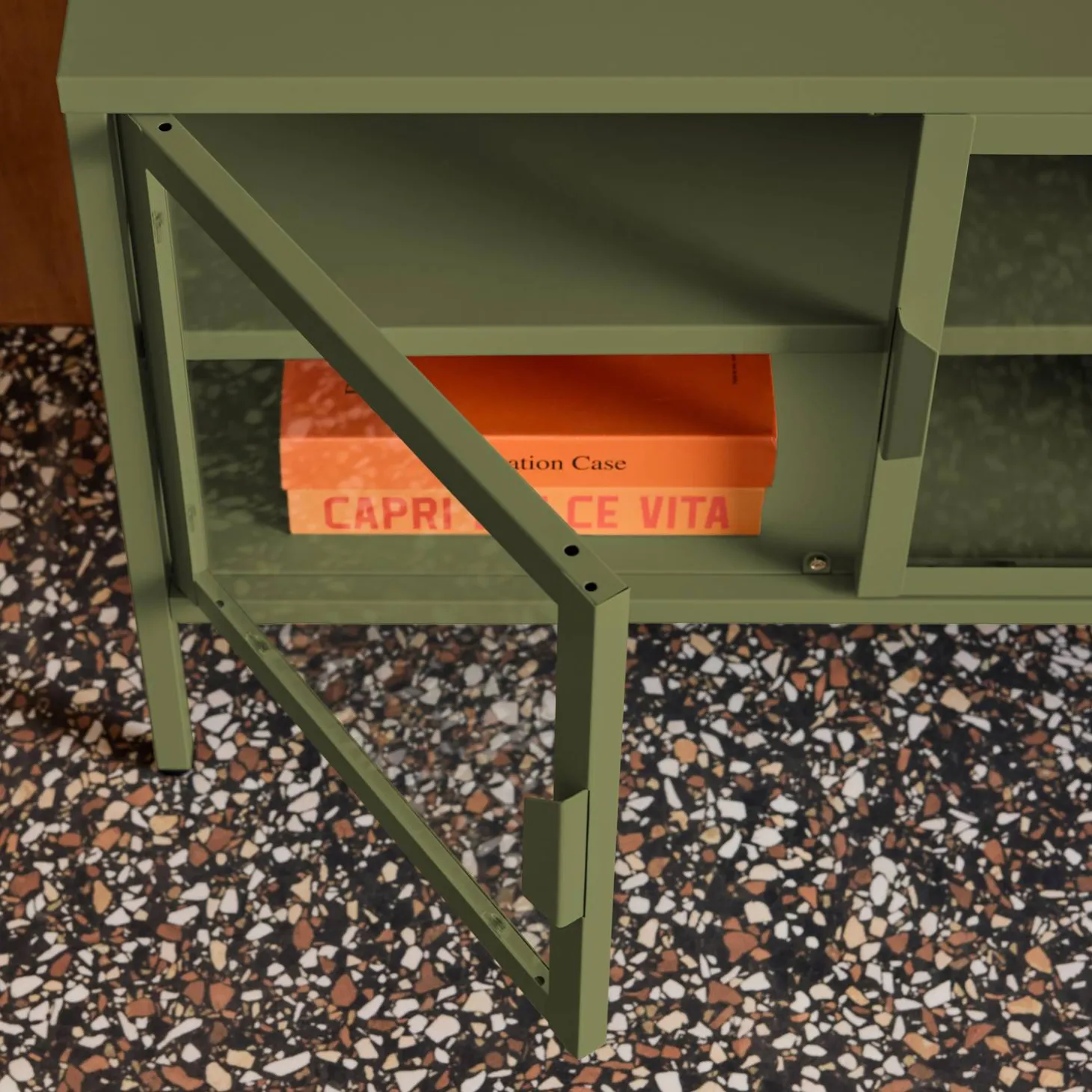 Industrielles TV-Möbel aus Metall und gehärtetem Glas mit 3 Türen, 120 cm