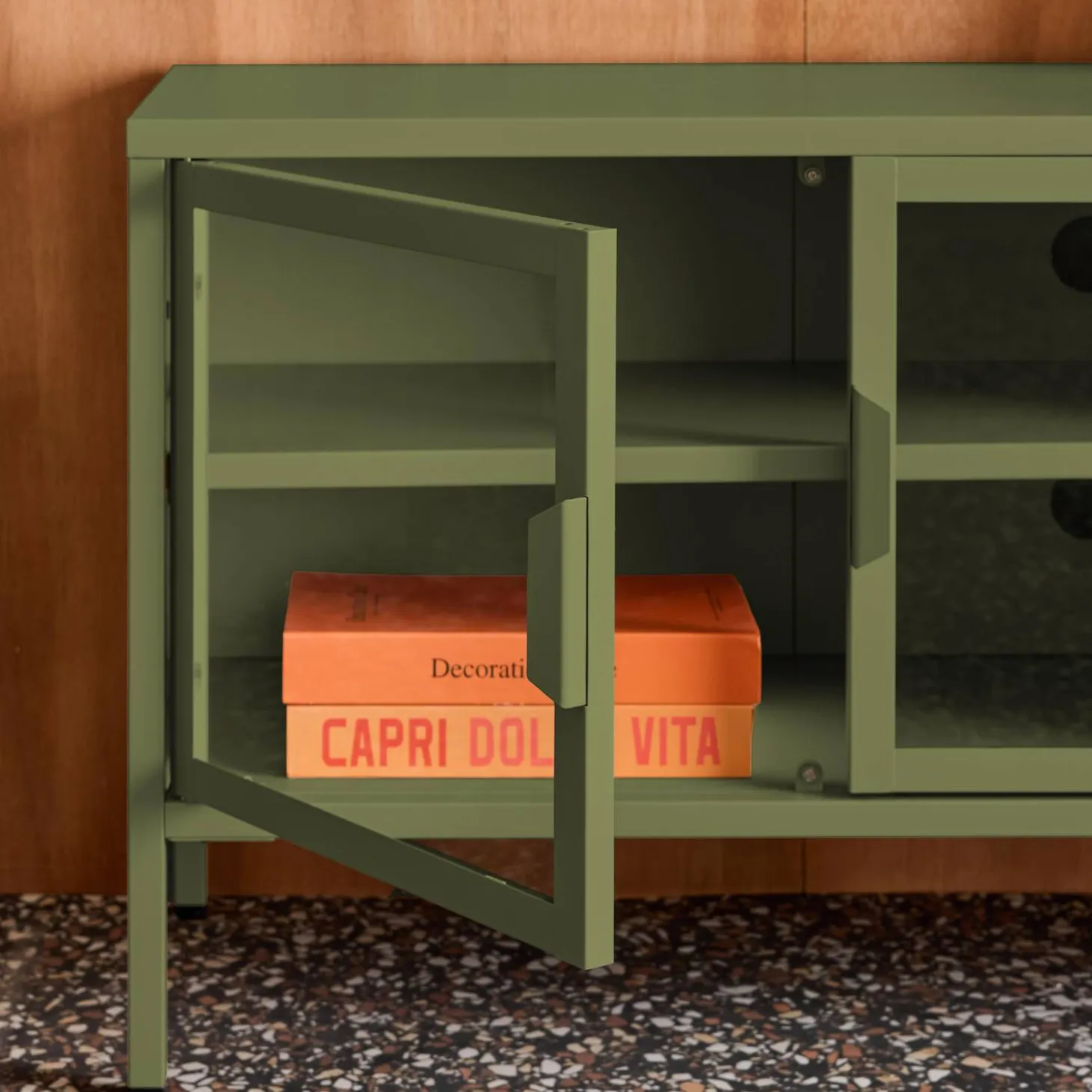 Industrielles TV-Möbel aus Metall und gehärtetem Glas mit 3 Türen, 120 cm