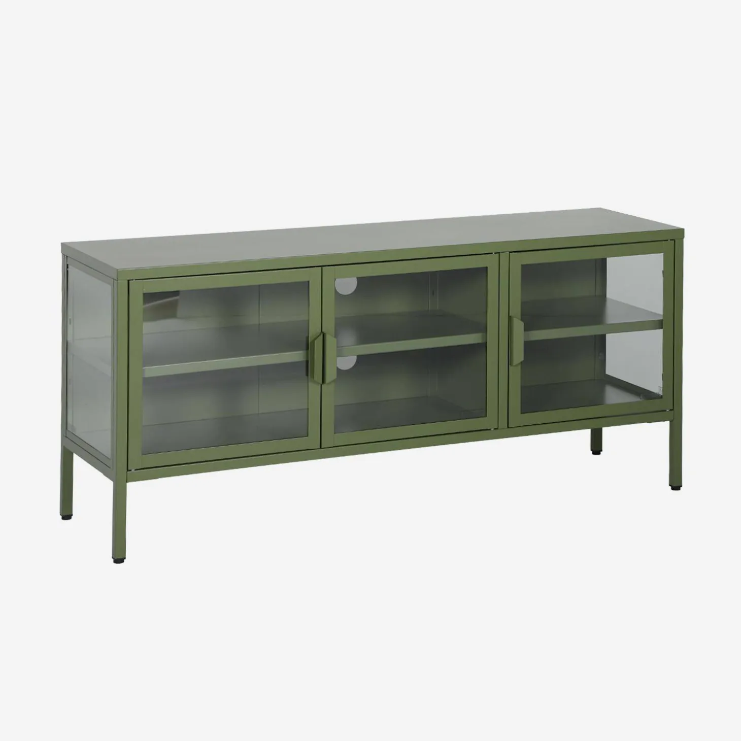 Industrielles TV-Möbel aus Metall und gehärtetem Glas mit 3 Türen, 120 cm