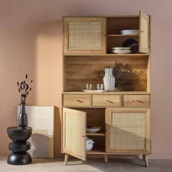 Küchenschrank aus Holz und Rattan-Geflecht mit 4 Türen und 3 Schubladen, B 110 cm