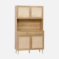 Küchenschrank aus Holz und Rattan-Geflecht mit 4 Türen und 3 Schubladen, B 110 cm