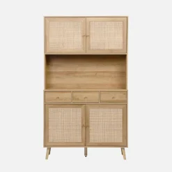 Küchenschrank aus Holz und Rattan-Geflecht mit 4 Türen und 3 Schubladen, B 110 cm