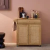 Küchenwagen Holz-Optik und Rattan-Geflecht, 1 Griff, 1 Schublade, 2 Türen