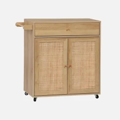 Küchenwagen Holz-Optik und Rattan-Geflecht, 1 Griff, 1 Schublade, 2 Türen