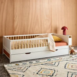 Kinderbett 90 x 190 cm aus naturbelassenem Kiefernholz mit Lattenrost und Ausziehbett