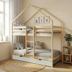 Kinder-Etagenbett Hausbett 90 x 190 cm aus Kiefernholz natur mit Ausziehbett