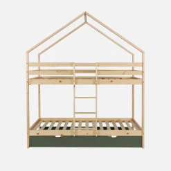 Kinder-Etagenbett Hausbett 90 x 190 cm aus Kiefernholz natur mit Ausziehbett