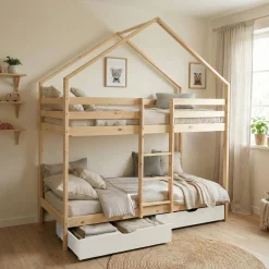 Kinder-Etagenbett Hausbett 90 x 190 cm aus naturbelassenem Kiefernholz mit Schubkästen