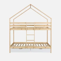 Kinder-Etagenbett Hausbett 90 x 190 cm aus naturbelassenem Kiefernholz mit Schubkästen