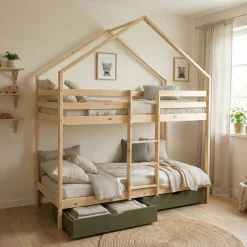 Kinder-Etagenbett Hausbett 90 x 190 cm aus naturbelassenem Kiefernholz mit Schubkästen