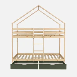Kinder-Etagenbett Hausbett 90 x 190 cm aus naturbelassenem Kiefernholz mit Schubkästen