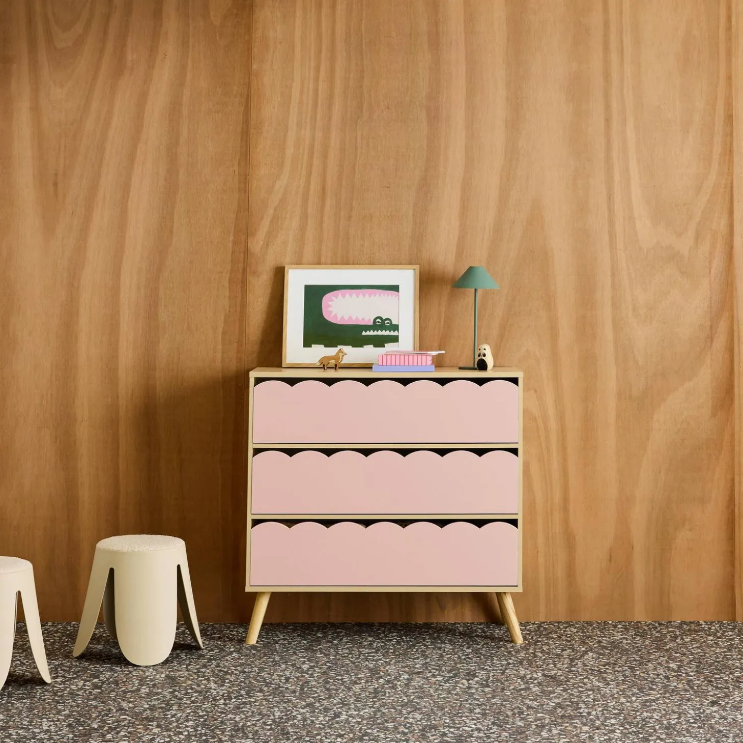 Kinderkommode Holzlook 3 Schubladen Kiefernholzfüße