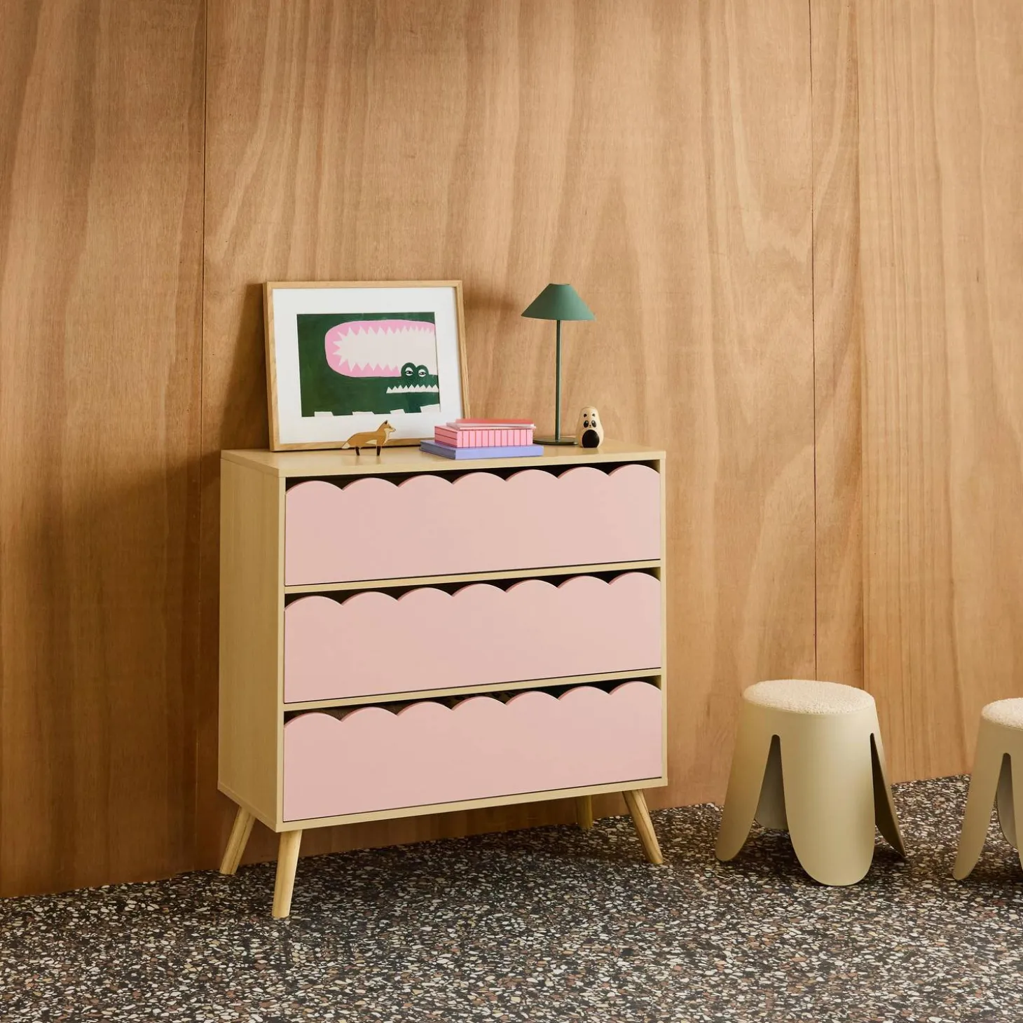 Kinderkommode Holzlook 3 Schubladen Kiefernholzfüße