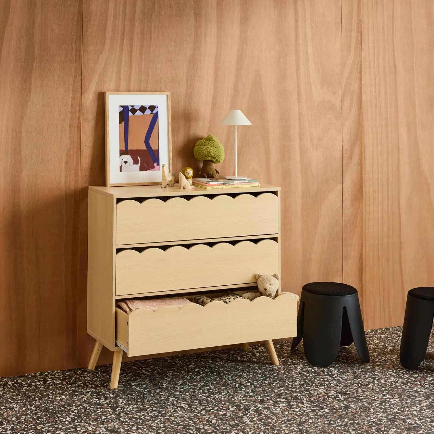 Kinderkommode Holzlook 3 Schubladen Kiefernholzfüße