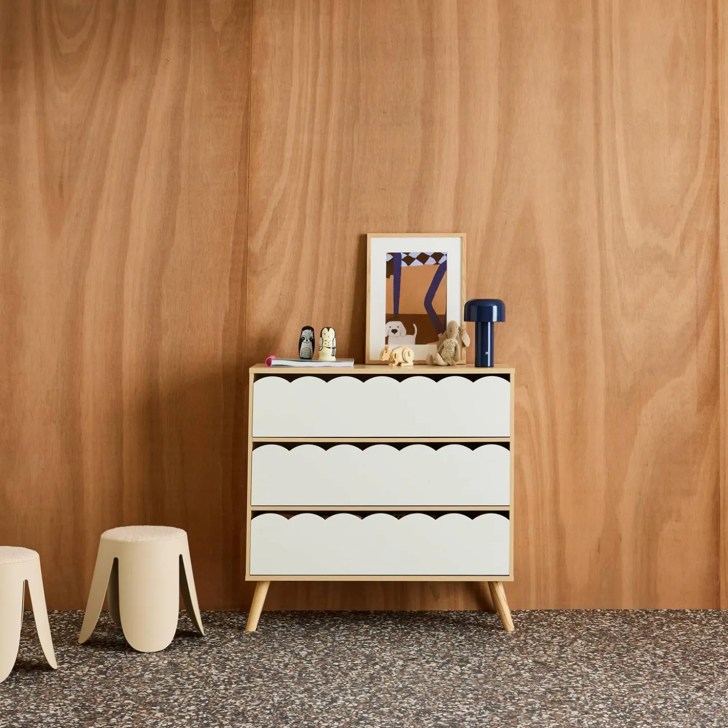 Kinderkommode Holzlook 3 Schubladen Kiefernholzfüße