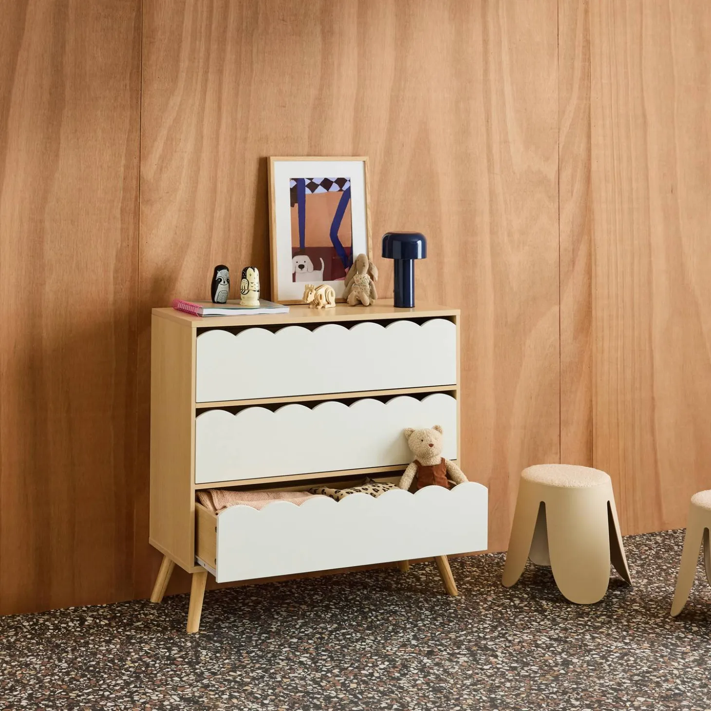 Kinderkommode Holzlook 3 Schubladen Kiefernholzfüße