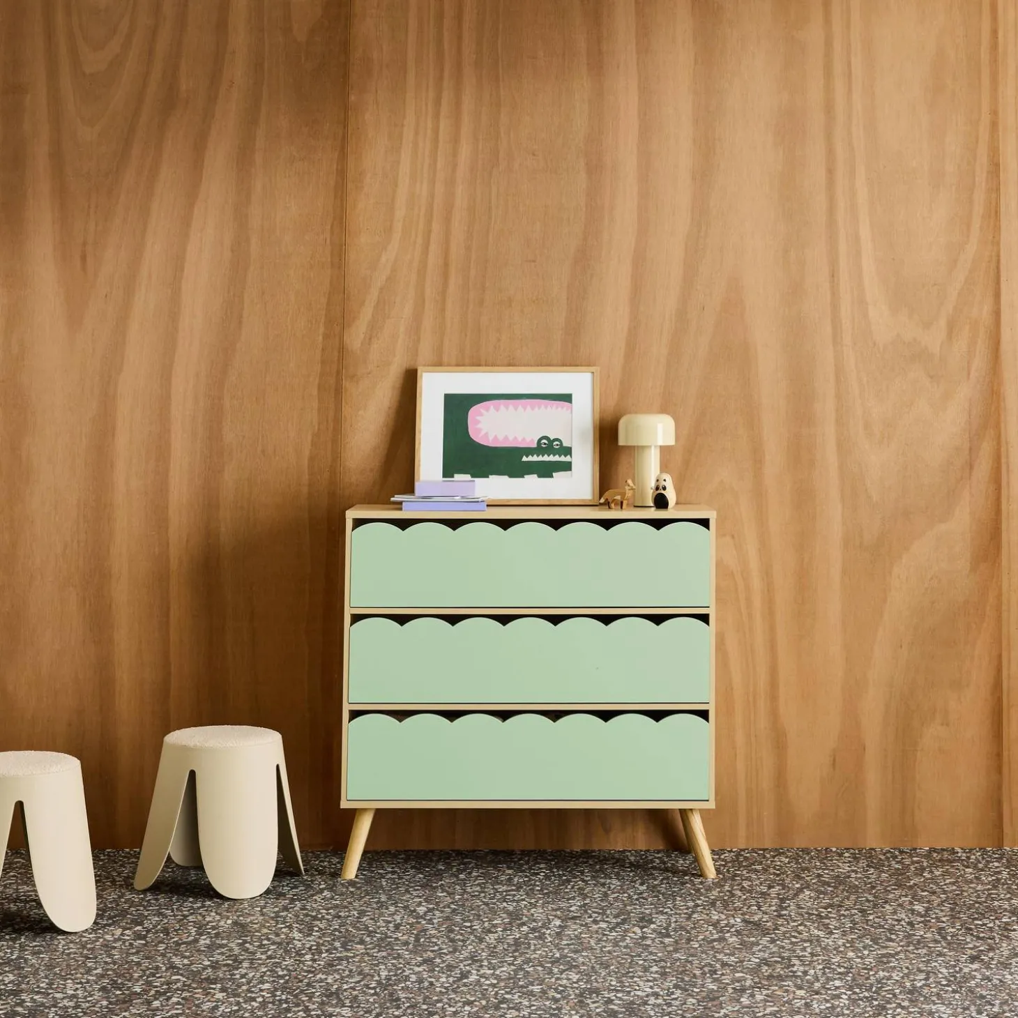 Kinderkommode Holzlook 3 Schubladen Kiefernholzfüße