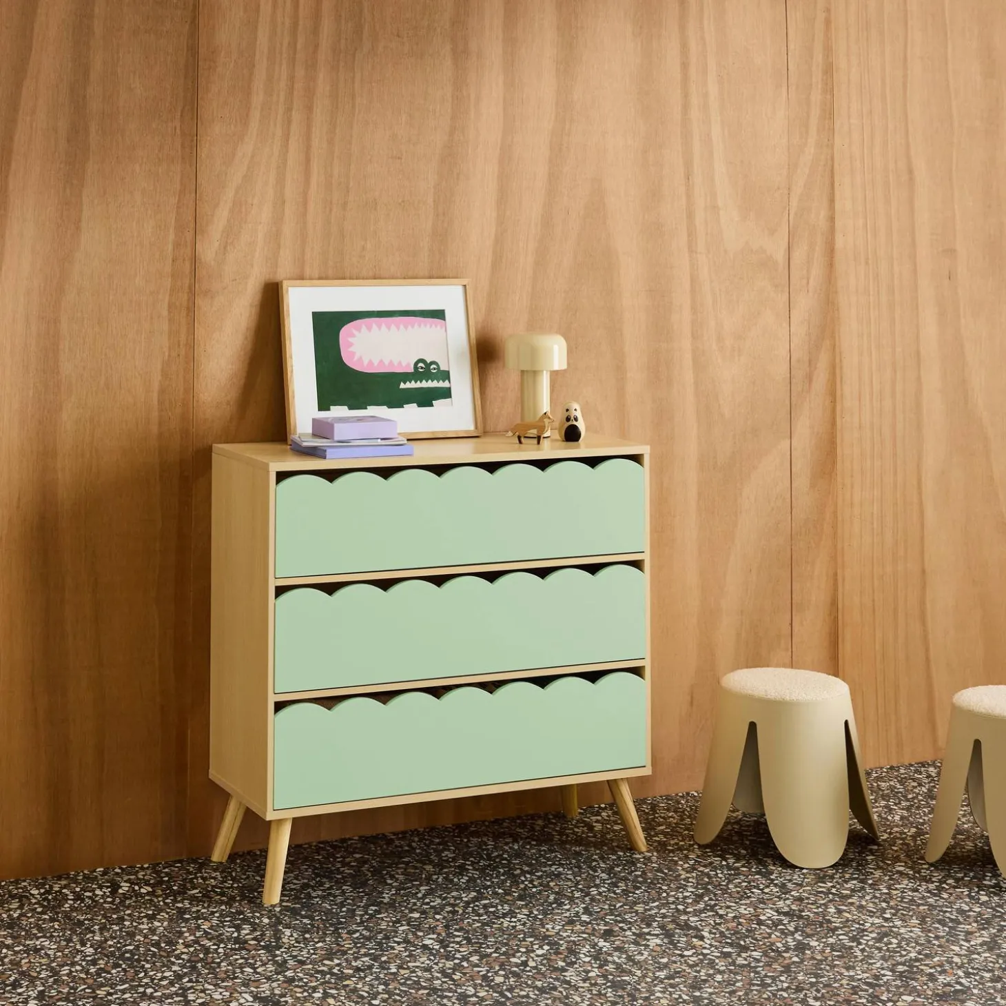 Kinderkommode Holzlook 3 Schubladen Kiefernholzfüße