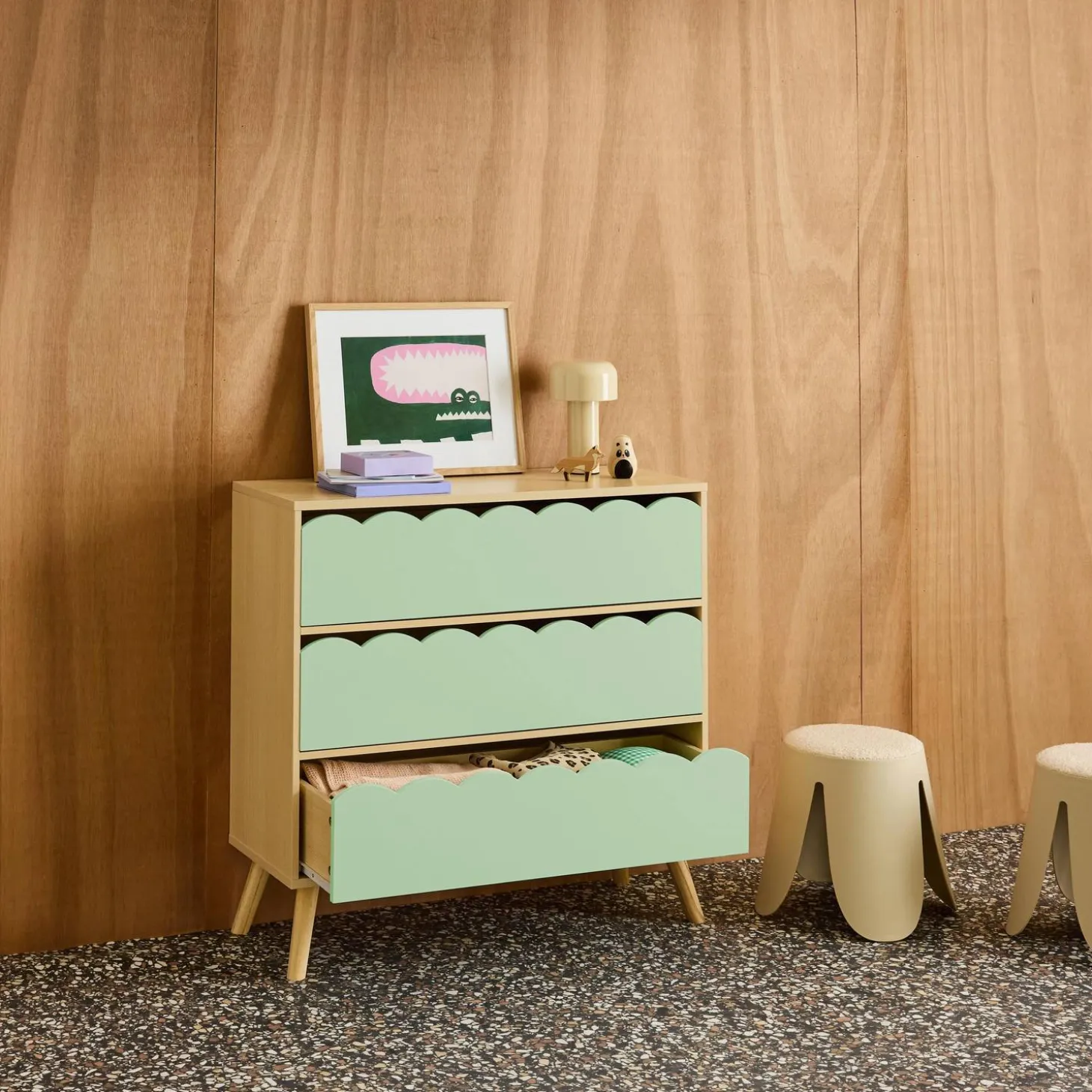 Kinderkommode Holzlook 3 Schubladen Kiefernholzfüße