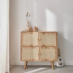 Kinderkommode mit Holzlook und 4 Rattantüren