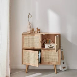 Kinderkommode mit Holzlook und 4 Rattantüren