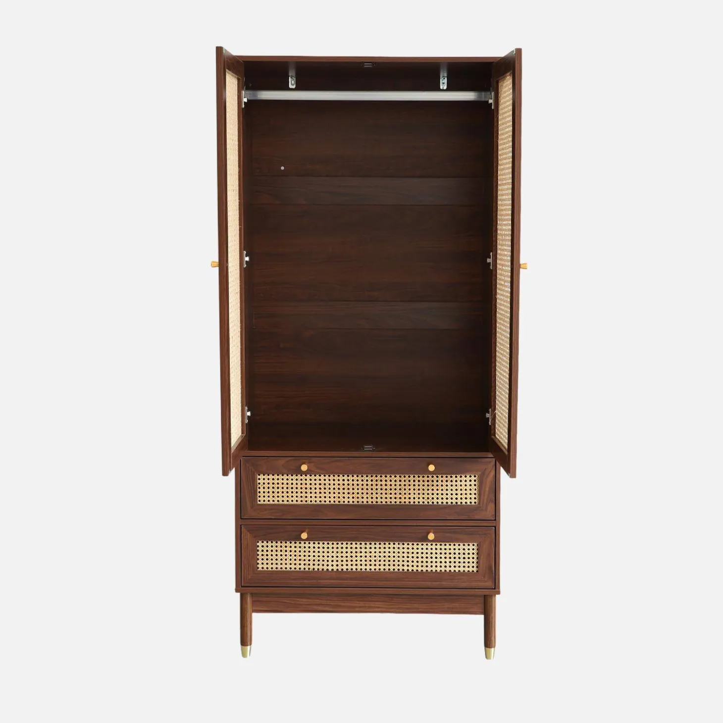 Kleiderschrank mit 2 Türen, 2 Schubladen und Rattan-Geflecht