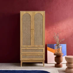 Kleiderschrank mit 2 Türen, 2 Schubladen und Rattan-Geflecht