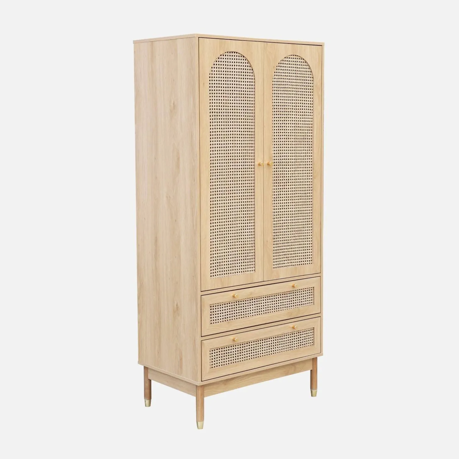 Kleiderschrank mit 2 Türen, 2 Schubladen und Rattan-Geflecht