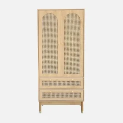 Kleiderschrank mit 2 Türen, 2 Schubladen und Rattan-Geflecht