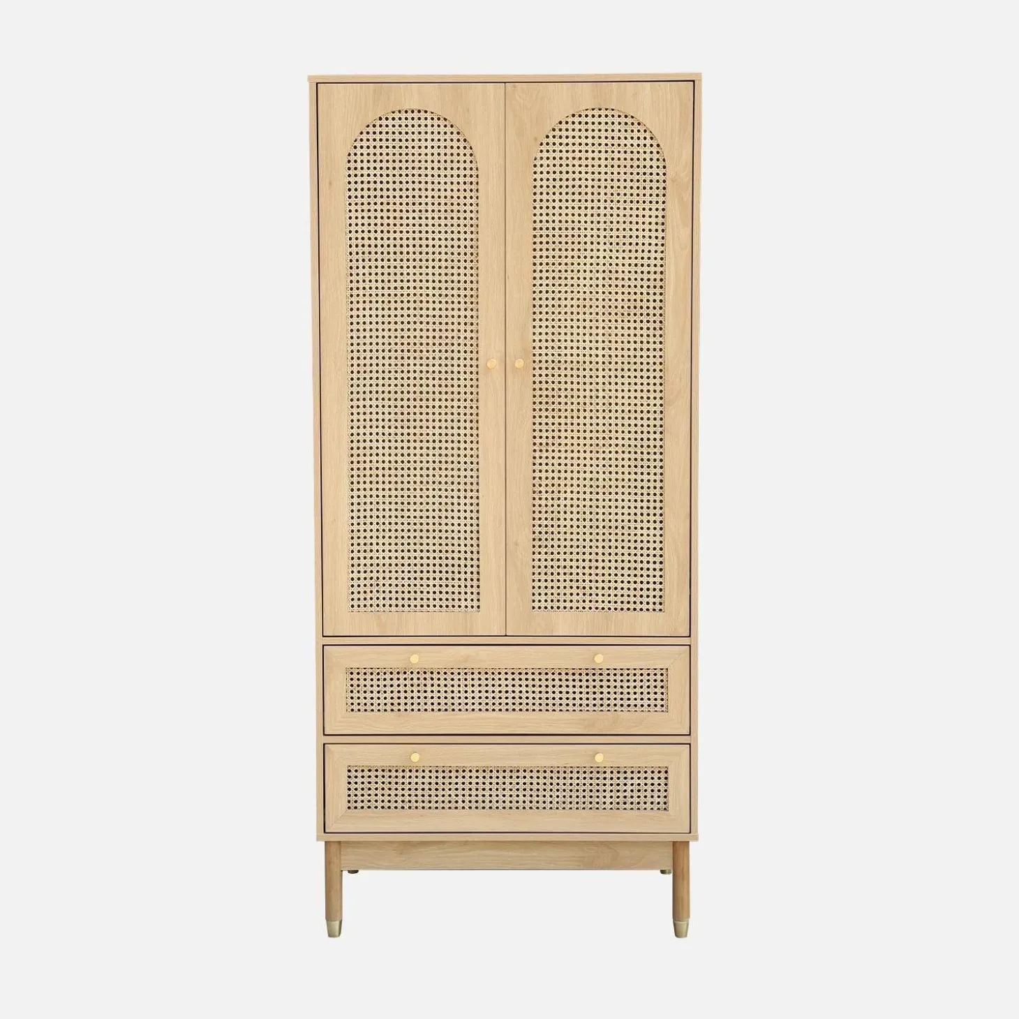Kleiderschrank mit 2 Türen, 2 Schubladen und Rattan-Geflecht