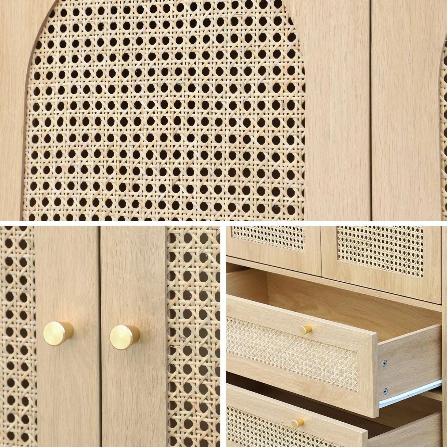 Kleiderschrank mit 2 Türen, 2 Schubladen und Rattan-Geflecht