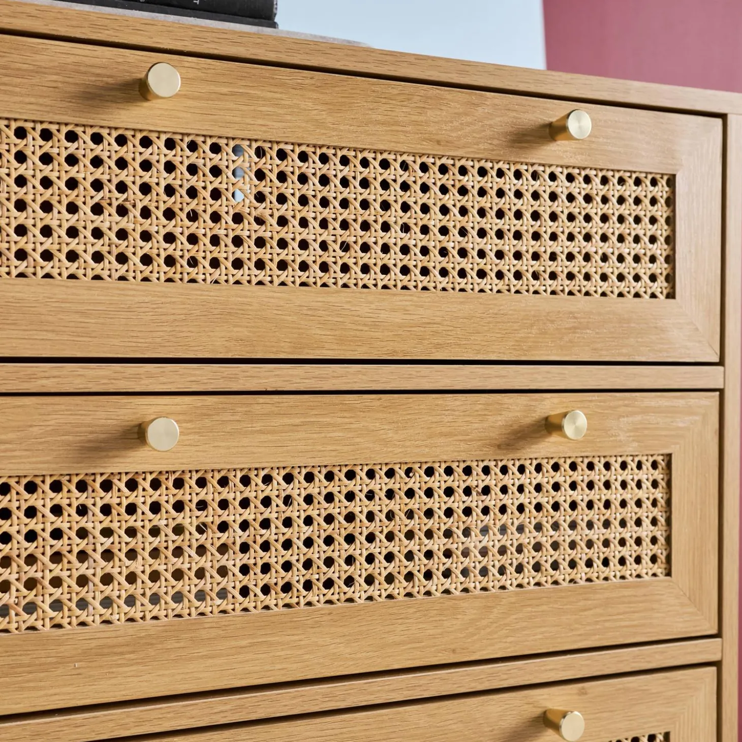 Kommode Holzdekor und Rattan-Geflecht 6 Schubladen