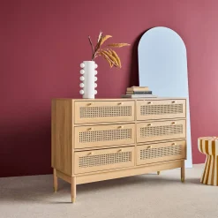Kommode Holzdekor und Rattan-Geflecht 6 Schubladen