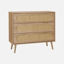 Kommode mit Holzdekor und abgerundetem Rattan-Geflecht 3 Schubladen