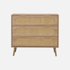 Kommode mit Holzdekor und abgerundetem Rattan-Geflecht 3 Schubladen