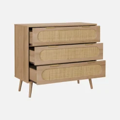 Kommode mit Holzdekor und abgerundetem Rattan-Geflecht 3 Schubladen